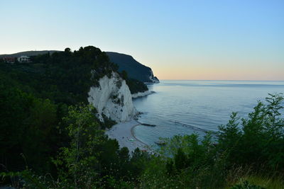 Scenic view of sea against clear sky at sunset