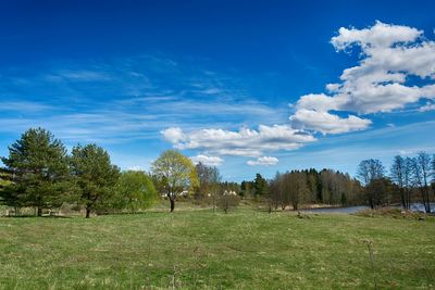 View of green landscape against cloudy sky