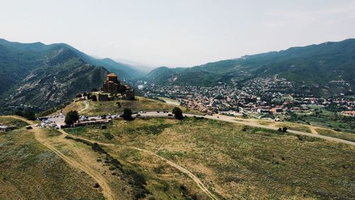 High angle view of buildings against sky