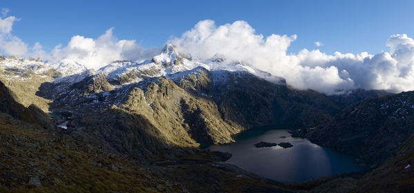 Panoramic view of snowcapped mountains against sky