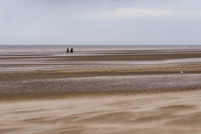 Two horseback riders taking a ride at an empty beach