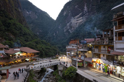 High angle view of illuminated buildings in town