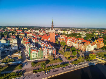 High angle view of buildings in city