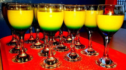 Close-up of wine glasses on table