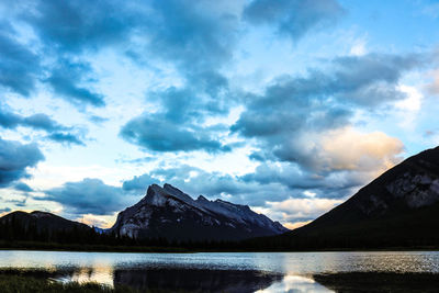 Scenic view of lake by mountains against sky