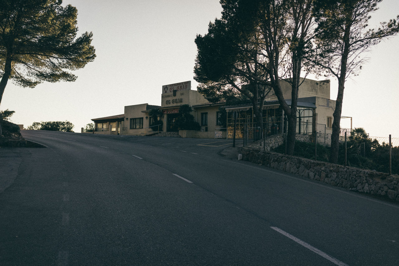 ROAD AMIDST TREES AGAINST CLEAR SKY