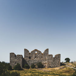 Low angle view of abandoned building against clear sky