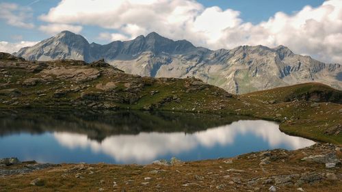 Scenic view of lake against cloudy sky