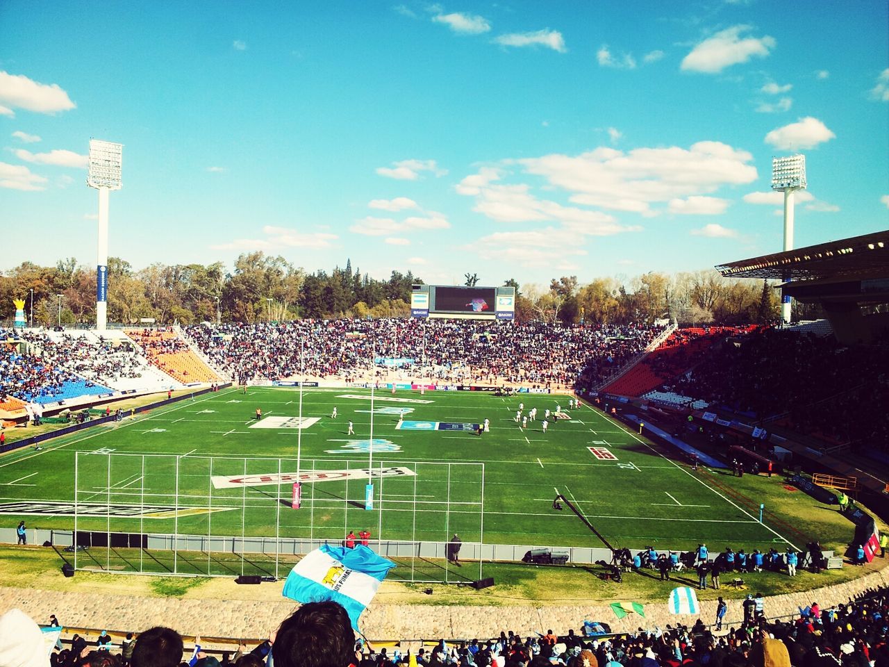 large group of people, lifestyles, leisure activity, men, grass, sky, person, green color, sport, park - man made space, blue, tree, stadium, playground, field, soccer, cloud - sky, crowd, built structure