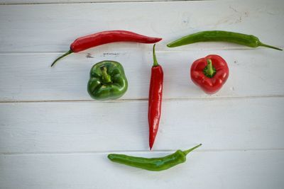 High angle view of chili peppers on table