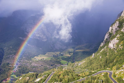 Scenic view of rainbow over mountains against sky