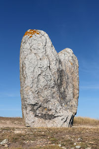 Low angle view of rock against clear blue sky