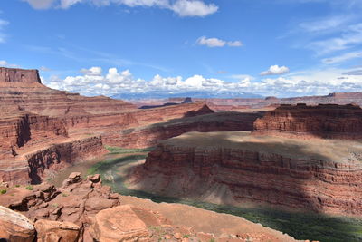 Scenic view of rock formations against cloudy sky