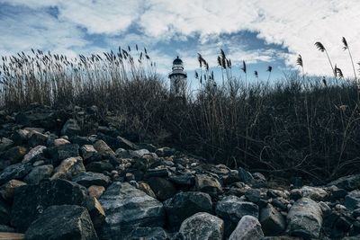 Lighthouse on beach against sky