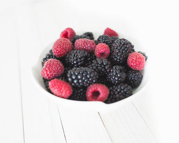 High angle view of strawberries in bowl