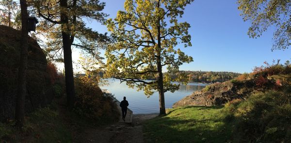 High angle view of man walking at lakeshore