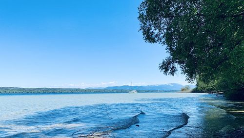 Scenic view of sea against clear blue sky