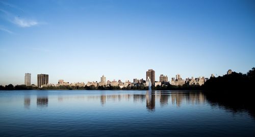 Scenic view of lake by buildings against clear blue sky