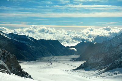 Scenic view of snowcapped mountains against sky