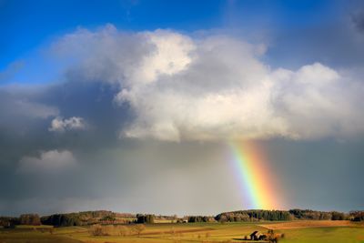 Scenic view of rainbow over land against sky