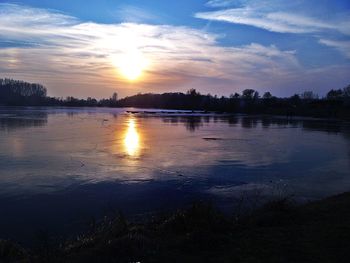 Silhouette birds on shore against sky during sunset