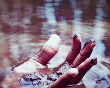 Close-up of woman hand on water