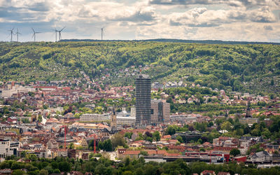 High angle view of cityscape against sky