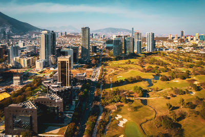 High angle view of buildings in city