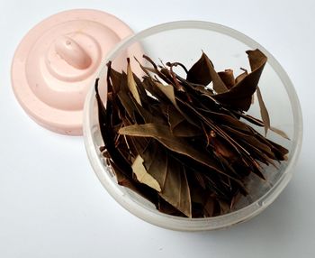 High angle view of food on table against white background