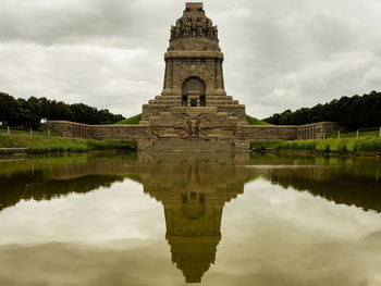 Reflection of historic building against cloudy sky