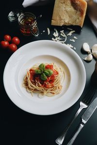 High angle view of meal served on table
