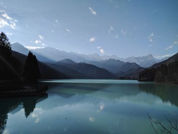 Scenic view of lake and mountains against sky