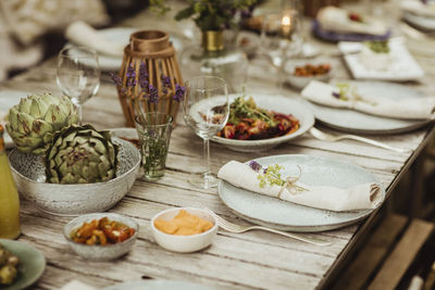 Food arranged on dining table for social event