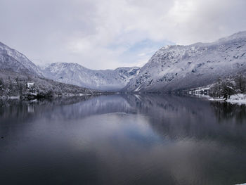 Scenic view of lake by snowcapped mountains against sky