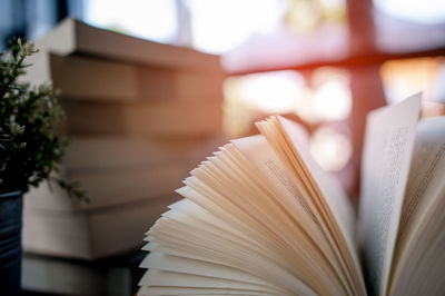 Close-up of stack of books on table