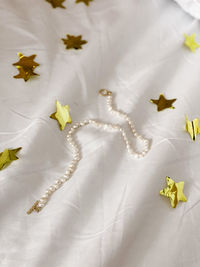 High angle view of white flowers on bed