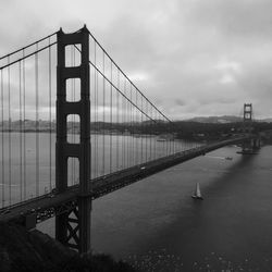 Golden gate bridge over river against cloudy sky in city