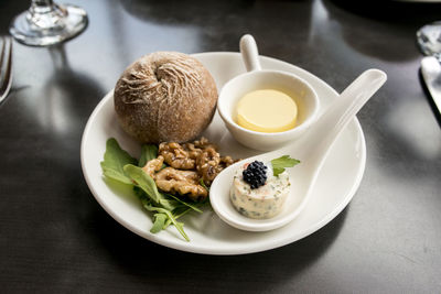 High angle view of food in plate on table