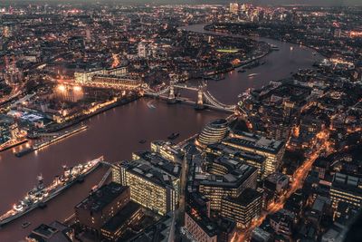 High angle view of illuminated tower bridge over thames river