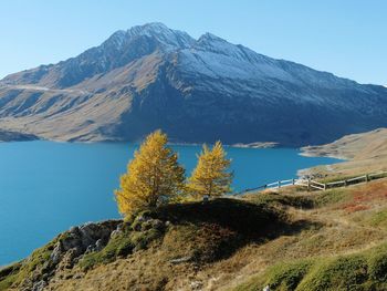 Calm lake against mountain range