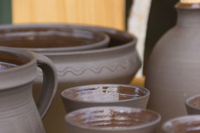 Close-up of clay pots at workshop