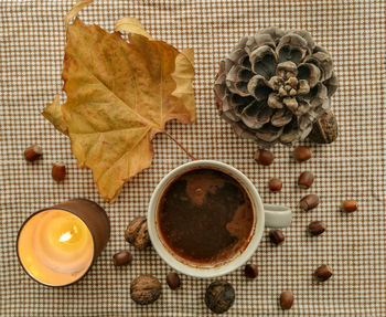 High angle view of breakfast on table