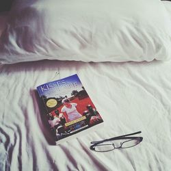 High angle view of book on table