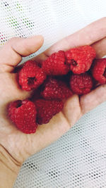 High angle view of hand holding strawberries