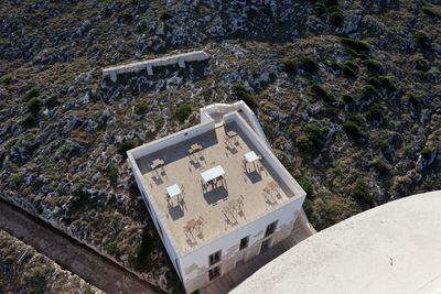 High angle view of cross on land