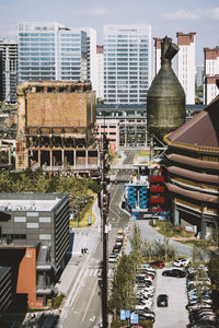 High angle view of buildings in city