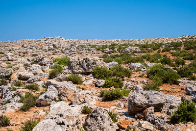 Scenic view of rock formation against clear blue sky