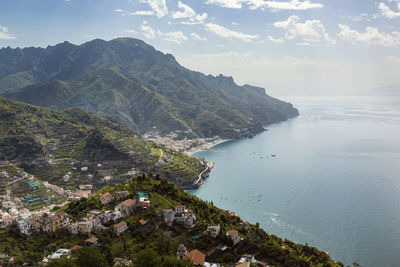 Habor view with the city of amalfi in the background early in the morning