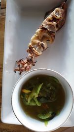 High angle view of soup in bowl on table
