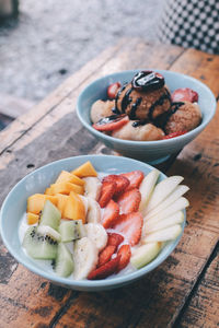 High angle view of ice cream in bowl on table